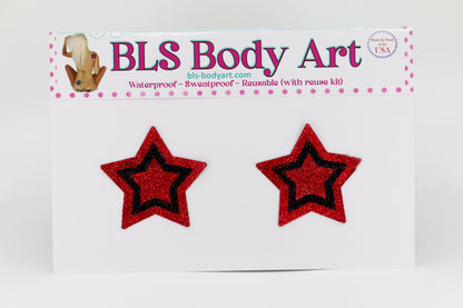 Product Image - Red/Black Small Star Glitter Pasties in BLS Body Art packaging