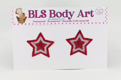 Product Image - Red/Silver Small Star Glitter Pasties in BLS Body Art packaging