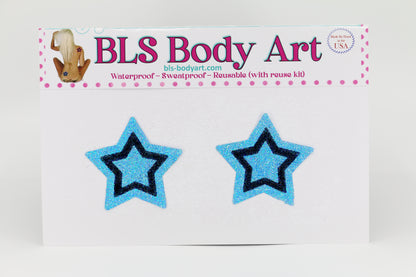 Product Image - Sky/Black Small Star Glitter Pasties in BLS Body Art packaging