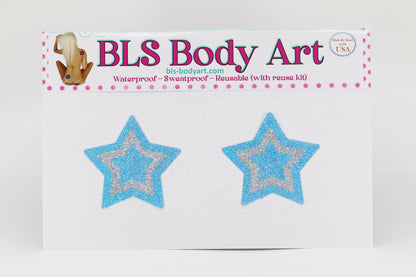 Product Image - Sky/Silver Small Star Glitter Pasties in BLS Body Art packaging