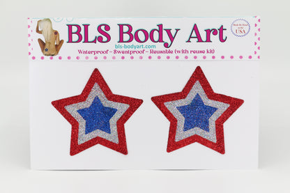 Product Image - Red/White/Blue Star Glitter Pasties in BLS Body Art packaging