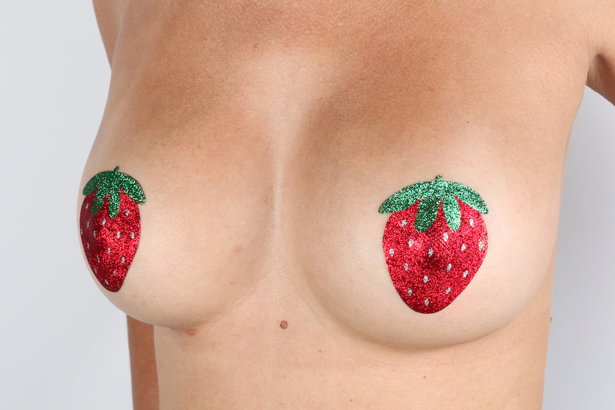Model Image - Strawberry Glitter Pasties applied to female model