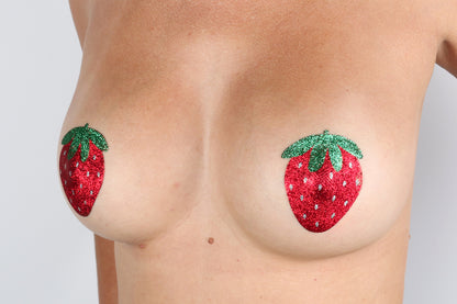 Model Image - Strawberry Glitter Pasties applied to female model