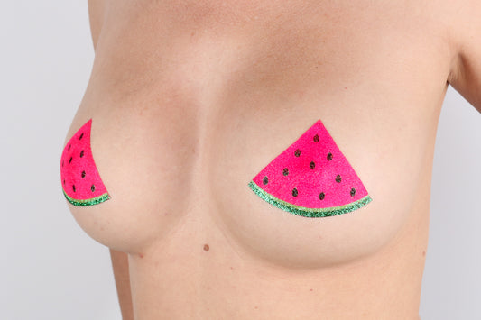 Model Image - Neon Pink UV Watermelon Glitter Pasties applied to female model